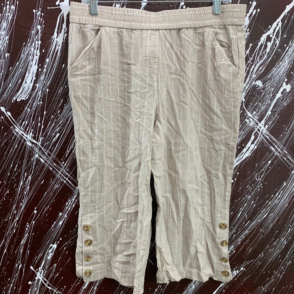 Land 'n Sea Womens Tan Pinstripe Linen Blend Crop Pants Button Hem Large
